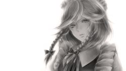 Rule 34 | 1girl, bone-beans, bow, braid, close-up, eyelashes, female focus, greyscale, hair bow, highres, izayoi sakuya, lips, looking at viewer, monochrome, non-web source, solo, tears, touhou, twin braids, twintails, wallpaper