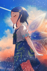 Rule 34 | 1girl, blue dress, blue hair, blush, closed eyes, closed mouth, commentary request, dress, hair ornament, hairclip, highres, inami hatoko, light particles, partial commentary, pretty rhythm, pretty rhythm rainbow live, pretty series, rinne (pretty rhythm), short hair, short sleeves, sidelocks, solo, wings