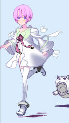 1girl boots chuuou_higashiguchi commentary_request creature dog full_body high_heel_boots high_heels jacket looking_at_viewer open_mouth original pink_hair purple_eyes running sharp_teeth short_hair simple_background sketch smile teeth thighhighs white_jacket white_thighhighs