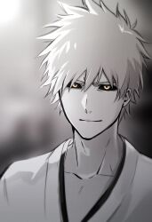 Rule 34 | 1boy, black sclera, bleach, collarbone, colored sclera, greyscale, highres, hollow ichigo, konetaa, light smile, looking at viewer, male focus, monochrome, short hair, solo, spot color, upper body, yellow eyes