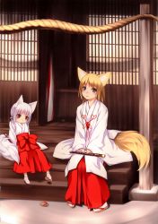Rule 34 | 2girls, absurdres, animal ears, blue eyes, blush, flute, fox ears, fox tail, highres, instrument, japanese clothes, miko, multiple girls, ooji, original, parted lips, red eyes, sandals, scan, shoes, short hair, silver hair, single shoe, sitting, socks, tail