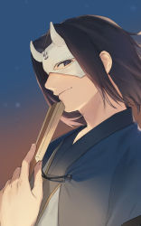 Rule 34 | 1boy, ainu clothes, aquaplus, arm up, black hair, blue eyes, closed mouth, fingernails, from side, hakuowlo, hand fan, highres, holding, holding fan, holding weapon, looking at viewer, mask, medium hair, night, night sky, nose, outdoors, sesa utw, sky, smile, solo, upper body, utawarerumono, weapon