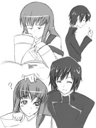 Rule 34 | 00s, 1boy, 1girl, ?, ^ ^, abubu, bare shoulders, blush, c.c., closed eyes, code geass, detached sleeves, dress, from side, greyscale, half-closed eyes, headpat, lelouch vi britannia, long hair, long sleeves, monochrome, profile, sidelocks, simple background, upper body, white background