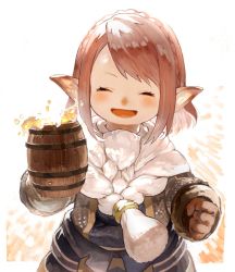 Rule 34 | 1girl, ^ ^, alcohol, beer, braid, brown hair, clenched hand, closed eyes, crown braid, cup, facing viewer, fake beard, fake facial hair, final fantasy, final fantasy xiv, giott, highres, holding, holding cup, lalafell, mug, n122425, open mouth, pointy ears, short hair, smile, solo, swept bangs, tankard, upper body, white background