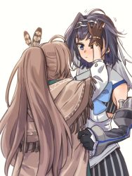 Rule 34 | blue eyes, blue hair, bow, brmameng, brown hair, chain, earrings, feather hair ornament, feathers, gloves, hair intakes, hair ornament, headband, headpat, highres, hololive, hololive english, jewelry, long hair, multicolored hair, multiple girls, nanashi mumei, ouro kronii, ouro kronii (1st costume), ponytail, shirt, short hair, sleeveless, sleeveless shirt, streaked hair, very long hair, virtual youtuber