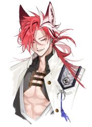 Rule 34 | 1boy, abs, earrings, eyebrow cut, fate/grand order, fate (series), grin, highres, jacket, japanese clothes, jewelry, k500yen, long hair, looking at viewer, male focus, multicolored hair, open mouth, pectoral cleavage, pectorals, red eyes, red hair, smile, solo, split-color hair, streaked hair, takasugi shinsaku (fate), two-tone hair, upper body, white hair, white jacket