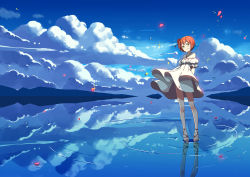 Rule 34 | 10s, 1girl, arms behind back, cloud, cross-laced footwear, day, dress, flower, hair flower, hair ornament, hoshizora rin, jewelry, love live!, love live! school idol project, mountain, necklace, petals, red hair, reflection, sandals, short hair, sky, solo, standing, standing on liquid, water, water drop, white dress, yellow eyes, zhanzheng zi