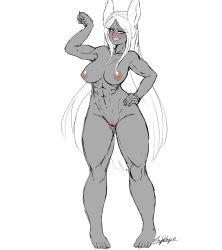 Rule 34 | 1girl, abs, absurdres, animal ears, arm up, barefoot, biceps, blush, boku no hero academia, breasts, cleft of venus, completely nude, dark-skinned female, dark skin, fang, fishywishy, flexing, full body, greyscale, grin, half-closed eyes, hand on own hip, highres, large breasts, long eyelashes, long hair, looking at viewer, mirko, monochrome, muscular, muscular female, naughty face, navel, nipples, nose blush, nude, pussy, rabbit ears, rabbit girl, simple background, sketch, smile, solo, spot color, stomach, toes, toned, very long hair