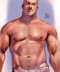 Rule 34 | 1boy, aaron gruber (o natsuo88), abs, bara, beard stubble, black eyes, facial hair, facial scar, grey hair, highres, large pectorals, looking to the side, male focus, mature male, muscular, muscular male, mustache, navel, navel hair, o natsuo88, old, old man, original, pectorals, purple background, receding hairline, scar, scar on cheek, scar on face, shirt, short hair, solo, sparse chest hair, sparse navel hair, strongman waist, stubble, thick eyebrows, thick mustache, topless male, upper body, veins, wrinkled skin