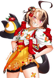 1girl absurdres ahoge black_gloves brown_hair fingerless_gloves flower gigi_murin gigi_murin_(new_year) gloves hair_flower hair_ornament hairpin highres hololive hololive_english japanese_clothes kimono looking_at_viewer looking_back multicolored_hair nail_polish obi3 official_alternate_costume orange_nails pink_eyes short_hair smile solo tasuki twintails two-tone_hair virtual_youtuber white_kimono x_hair_ornament