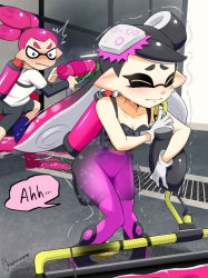 Rule 34 | 1boy, 1girl, artist name, ass, backpack, bag, bike shorts, black footwear, black hair, black jumpsuit, blue eyes, blue footwear, blush, boots, breasts, callie (splatoon), cleavage, closed eyes, closed mouth, collarbone, constricted pupils, domino mask, earrings, embarrassed, full body, gloves, gradient hair, hair tie, hand up, hands up, have to pee, holding, holding weapon, ink tank (splatoon), inkling player character, jewelry, jumpsuit, kakuume, knees together feet apart, layered sleeves, long hair, long sleeves, looking at another, looking back, mask, medium breasts, mole, mole under eye, multicolored hair, nintendo, nose blush, notice lines, object on heat, outdoors, pantyhose, peeing, peeing self, pink hair, pink pantyhose, pointy ears, puddle, running, shirt, short hair, short jumpsuit, short over long sleeves, short sleeves, signature, solo focus, speech bubble, splat roller (splatoon), splatoon (series), splatoon 1, splattershot (splatoon), standing, surprised, sweat, tentacle hair, tentacles, topknot, trembling, weapon, wet, wet clothes, white gloves, white shirt, window, x-ray