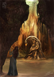 Rule 34 | 1girl, blue dress, brown hair, cave, dated, dress, from behind, ikeda (cpt), leaning, long hair, monster, original, signature, water
