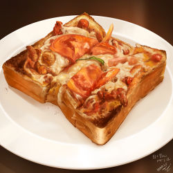 Rule 34 | bell pepper, bell pepper slice, bread, bread slice, cheese, crumbs, dated, food, food focus, miwa nagi, no humans, original, pizza, pizza toast, plate, sausage, signature, table, toast, tomato