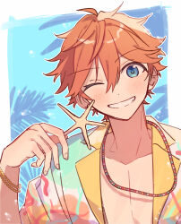 1boy akehoshi_subaru bead_bracelet bead_necklace beads blue_eyes blush bracelet ensemble_stars! head_tilt highres holding jacket jewelry multicolored_clothes multicolored_jacket necklace official_alternate_costume one_eye_closed orange_hair plant smile solo starfish topless_male zu_tonatuyasumi