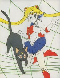 Rule 34 | absurdres, bishoujo senshi sailor moon, blonde hair, blue skirt, bow, cat, highres, luna (sailor moon), red bow, sailor moon, skirt, tsukino usagi