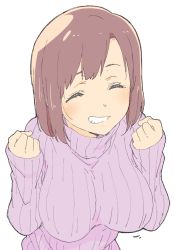 Rule 34 | 1girl, absurdres, bad id, bad twitter id, blush, breasts, brown hair, donguri suzume, closed eyes, facing viewer, highres, large breasts, long sleeves, original, purple sweater, ribbed sweater, short hair, simple background, smile, solo, sweater, upper body, white background