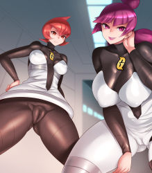 Rule 34 | 2girls, blunt bangs, blurry, blurry background, breasts, breasts apart, cameltoe, closed mouth, covered erect nipples, creatures (company), dress, from below, game freak, gluteal fold, groin, hair between eyes, hand on own hip, hand up, happy, highres, indoors, jupiter (pokemon), large breasts, leaning forward, legs, legs apart, lipstick, long hair, looking at viewer, low ponytail, makeup, mars (pokemon), matching hair/eyes, medium breasts, multiple girls, nintendo, pantyhose, parted lips, pokemon, pokemon dppt, ponytail, purple eyes, purple hair, purple lips, pussy, red eyes, red hair, short hair, smile, standing, team galactic, thighs, yasuaki023