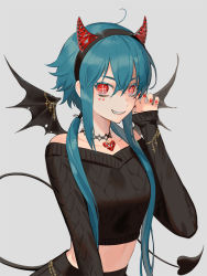 Rule 34 | 1girl, ahoge, bags under eyes, bare shoulders, bianca (black survival), black skirt, black survival, black sweater, black wings, blue hair, bracelet, breasts, chain, choker, claw pose, colored eyelashes, cross, ddollydonut, demon horns, demon wings, facial mark, fake horns, grey background, grin, hair between eyes, hairband, hand up, heart, horns, jewelry, long sleeves, looking at viewer, low twintails, midriff, nail polish, off-shoulder sweater, off shoulder, pendant, pleated skirt, red eyes, red nails, sidelocks, simple background, skirt, sleeves past wrists, smile, solo, sweater, symbol-shaped pupils, twintails, upper body, wing ornament, wings