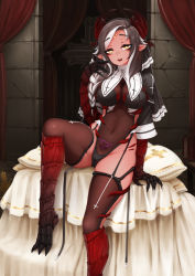 Rule 34 | 1girl, :d, barbariank, braid, breasts, brick wall, brown hair, brown thighhighs, cleavage, commentary, cross, curtains, demon girl, english commentary, fangs, foot out of frame, garter straps, groin, habit, hair over shoulder, hand up, heart, heart tattoo, highleg, highleg leotard, highres, horns, indoors, large breasts, leotard, liv (barbariank), long hair, looking at viewer, multicolored hair, navel, nun, open mouth, orange eyes, original, pointy ears, pubic tattoo, revealing clothes, scales, see-through, sitting, smile, solo, streaked hair, tattoo, thighhighs, two-tone hair, white hair