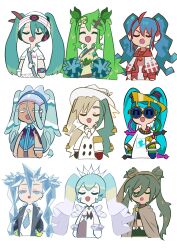 Rule 34 | chibi, closed eyes, creatures (company), electric miku (project voltage), fire miku (project voltage), game freak, grass miku (project voltage), green hair, ground miku (project voltage), hatsune miku, highres, ice miku (project voltage), ida (idalol490), music, nintendo, normal miku (project voltage), pokemon, project voltage, psychic miku (project voltage), rock miku (project voltage), singing, twintails, vocaloid, water miku (project voltage)