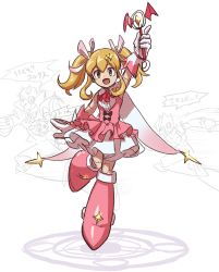 Rule 34 | 1girl, 3boys, android, blonde hair, blush, boots, bow, carrying, carrying person, chasing, gloves, halloween roll, halloween sigma, helmet, highres, horns, long hair, looking at viewer, magical girl, mega man (classic), mega man (series), x (mega man), mega man x (series), mega man x dive, multiple boys, open mouth, pv y0n, ribbon, robot, roll (mega man), running, sidelocks, sigma (mega man), skirt, smile, twintails, wand, white background, yellow eyes, zero (mega man)