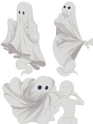 Rule 34 | . ., 1boy, 1girl, angry, bed sheet, breasts, commentary, english commentary, fleeing, ghost, ghost costume, ghost tail, highres, large breasts, mrfishcorpse, original, pulling, running, sheet grab, smile, solid circle eyes, taut clothes, white background