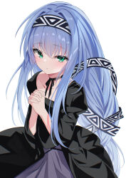 Rule 34 | 1girl, black dress, blue hair, blush, breasts, choker, collarbone, dress, elemental gelade, fathom, green eyes, hairband, highres, long hair, long sleeves, looking at viewer, own hands together, reverie metherlence, ribbon, simple background, small breasts, solo, white background