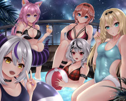 Rule 34 | 5girls, absurdres, animal ears, aqua eyes, ball, bare shoulders, beachball, bikini, black hair, blonde hair, blue eyes, breasts, brown eyes, brown hair, choker, cleavage, closed mouth, covered navel, wolf ears, drink, drinking straw, fang, glass, grey hair, hair ornament, hakui koyori, highres, hololive, holox, horns, kazama iroha, la+ darknesss, large breasts, looking at viewer, medium breasts, multicolored hair, multiple girls, nail polish, night, night sky, one-piece swimsuit, open mouth, parted lips, partially submerged, pink hair, pink nails, pool, popcornflakes, purple eyes, purple hair, purple nails, red eyes, red nails, sakamata chloe, short hair, sitting, sky, smile, star (sky), starry sky, swimsuit, takane lui, teeth, v, virtual youtuber, water, x hair ornament