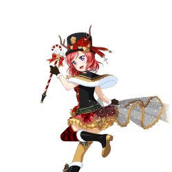 Rule 34 | 10s, 1girl, antlers, asymmetrical legwear, bell, boots, bow, bowtie, candy, candy cane, capelet, cross, flower, food, fur trim, hat, hat flower, horns, love live!, love live! school idol festival, love live! school idol project, nishikino maki, non-web source, official art, plaid, purple eyes, red hair, reindeer antlers, short hair, solo, striped clothes, striped thighhighs, thighhighs, transparent background, uneven legwear
