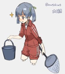 Rule 34 | 1girl, brown eyes, bucket, character name, commentary request, fishnets, grey hair, jacket, kantai collection, mugishima (mugishim4), net, one-hour drawing challenge, ooshio (kancolle), pants, pants rolled up, red jacket, red pants, short hair, sleeves rolled up, solo, standing, track pants, track suit, wading