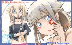 Rule 34 | 2girls, anniversary, black shirt, blue eyes, blunt bangs, braid, cevio, character name, clothes lift, collar, commentary, facial tattoo, finger to cheek, hair flaps, highres, ia (vocaloid), kuuneru514, looking at viewer, looking down, midriff, multiple girls, navel, one (cevio), open mouth, pink skirt, platinum blonde hair, shirt, shirt lift, short hair, siblings, side braids, sisters, skirt, spaghetti strap, stomach tattoo, tattoo, upper body, vocaloid