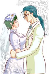 Rule 34 | 1boy, 1girl, amami (unburi), bad id, bad pixiv id, blue hair, breasts, commentary request, dress, glasses, green hair, hetero, holding hands, jenius maximilian, jenius milia, large breasts, macross, macross 7, meltrandi, pointy ears, ponytail, tuxedo, wedding dress
