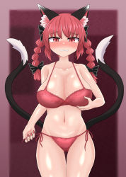 Rule 34 | 1girl, animal ears, blush, braid, breasts, cat ears, cat tail, chups, extra ears, hand on own chest, highres, kaenbyou rin, large breasts, lingerie, multiple tails, nekomata, red eyes, red hair, tail, touhou, twin braids, two tails, underwear, underwear only