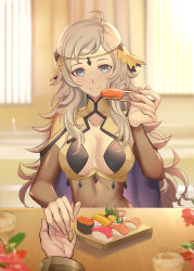 Rule 34 | 1boy, 1girl, absurdres, ahoge, asymmetrical hair, blonde hair, bodystocking, breasts, bridal gauntlets, cape, circlet, cleavage, closed mouth, commission, commissioner upload, feeding, fire emblem, fire emblem fates, fire emblem heroes, food, grey eyes, highres, incoming food, indoors, kiran (fire emblem), kiran (male) (fire emblem), large breasts, long hair, looking at viewer, male hand, nintendo, ophelia (fire emblem), pantyhose, pov, shiro font, sushi, turtleneck