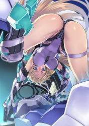 Rule 34 | 1girl, angela balzac, ass, bare shoulders, blonde hair, blue eyes, bodysuit, breasts, covered navel, elbow gloves, gloves, headgear, large breasts, leotard, long hair, looking at viewer, low twintails, matsuryuu, rakuen tsuihou, solo, spread legs, thigh strap, top-down bottom-up, twintails, very long hair