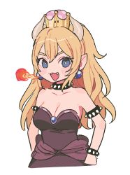 Rule 34 | 1girl, armlet, bad id, bad tumblr id, bare shoulders, black dress, blonde hair, blue eyes, borrowed design, bowsette, bracelet, breasts, breath weapon, breathing fire, bright pupils, cleavage, collar, cropped torso, crown, dress, earrings, emma (kumaema), fire, hands on own hips, highres, horns, jewelry, long hair, mario (series), medium breasts, nintendo, open mouth, pointy ears, ponytail, sharp teeth, simple background, solo, spiked armlet, spiked bracelet, spiked collar, spikes, strapless, strapless dress, super crown, teeth, thick eyebrows, upper body, white background