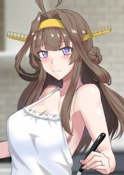 Rule 34 | 1girl, absurdres, ahoge, apron, blurry, blurry background, blush, braid, braided bun, breasts, brown hair, cleavage, closed mouth, commentary request, cooking, double bun, hair bun, hairband, highres, holding, jewelry, kantai collection, ken (shutenndouji1), kongou (kancolle), long hair, medium breasts, naked apron, purple eyes, ring, solo, spoon, upper body, wedding ring, white apron