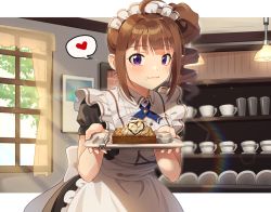 Rule 34 | 1girl, :3, alternate costume, apron, brown hair, drill hair, enmaided, food, food on face, fork, heart, holding, idolmaster, idolmaster million live!, idolmaster million live! theater days, indoors, kamille (vcx68), looking at viewer, maid, maid apron, maid headdress, plate, purple eyes, side ponytail, solo, spoken heart, yokoyama nao