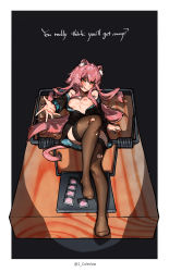 Rule 34 | :q, absurdres, animal ears, arknights, arm support, black background, black jacket, black thighhighs, blush, breasts, commentary, condom, condom packet strip, condom wrapper, english text, gravel (arknights), highres, infection monitor (arknights), jacket, licking lips, long hair, looking at viewer, medium breasts, mirin chikuwa, mouse ears, mouse girl, mouse tail, mousetrap, nipples, no shirt, open clothes, open jacket, outstretched arm, oversized object, pink hair, red eyes, simple background, solo, tail, thighhighs, thighs, tongue, tongue out, torn clothes, torn thighhighs, twitter username, white footwear, wristband
