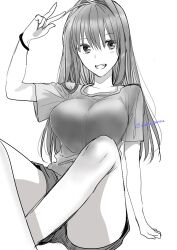 Rule 34 | 10131310, 1girl, aozaki aoko, artist name, bracelet, breasts, commentary request, hair intakes, highres, jewelry, large breasts, long hair, mahou tsukai no yoru, monochrome, shirt, shorts, sitting, solo, v, white background