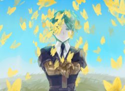 Rule 34 | 1other, androgynous, blue sky, bug, butterfly, butterfly on head, colored eyelashes, expressionless, gem uniform (houseki no kuni), golden arms, green eyes, green hair, hands on hilt, highres, houseki no kuni, bug, necktie, outdoors, phosphophyllite, short hair, sky, solo, upper body