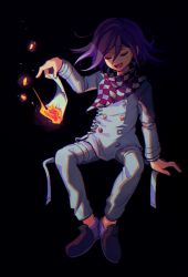 Rule 34 | 1boy, :d, arm support, black background, black footwear, burning, buttons, checkered clothes, checkered scarf, closed eyes, commentary request, danganronpa (series), danganronpa v3: killing harmony, double-breasted, fire, grey jacket, grey pants, holding, invisible chair, jacket, male focus, multicolored clothes, multicolored scarf, open mouth, oma kokichi, pants, paper, pink footwear, purple hair, purple scarf, sasakama (sasagaki01), scarf, shoes, sitting, smile, solo, white scarf