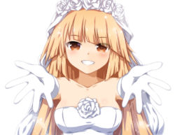 Rule 34 | 1girl, blonde hair, breasts, bridal veil, bride, brooklyn (kancolle), dress, elbow gloves, flower, fukaiton, gloves, kantai collection, large breasts, long hair, looking at viewer, official alternate costume, red eyes, rose, smile, solo, strapless, strapless dress, veil, wedding dress, white dress, white flower, white gloves, white rose