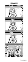 Rule 34 | 4koma, 5girls, breasts, cape, ceres fauna, clothing cutout, comic, commentary, dark-skinned female, dark skin, feather hair ornament, feathers, greyscale, hair ornament, hakos baelz, halo, highres, holocouncil, hololive, hololive english, large breasts, long hair, medium breasts, monochrome, multiple girls, nanashi mumei, ouro kronii, planet hair ornament, ponytail, silent comic, symbol-only commentary, taka t, tsukumo sana, twintails, twitter username, underboob, underboob cutout, veil, very long hair, virtual youtuber