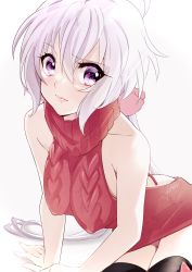 Rule 34 | 1girl, absurdres, anxflower, backless outfit, black thighhighs, bow, breasts, closed mouth, collarbone, covered erect nipples, hair between eyes, highres, large breasts, leaning forward, long hair, looking at viewer, meme attire, pink bow, ponytail, purple eyes, red sweater, senki zesshou symphogear, signature, silver hair, sitting, sleeveless, sleeveless sweater, smile, solo, sweater, thighhighs, turtleneck, turtleneck sweater, very long hair, virgin killer sweater, white background, yukine chris