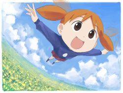 1girl azumanga_daiou blue_sky brown_eyes cloud field fisheye flying highres labuyoi looking_ahead mihama_chiyo open_mouth orange_hair short_twintails sky solo tagme twintails