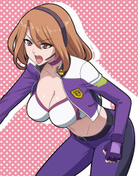 Rule 34 | 10s, 1girl, belt, breasts, brown hair, bustier, choker, cleavage, clenched hand, fingerless gloves, frown, gloves, hair between eyes, headset, jacket, large breasts, leaning forward, lipstick, long hair, makeup, midriff, munekata arisa, open clothes, open jacket, open mouth, pink eyes, polka dot, polka dot background, solo, tomica hyper rescue drive head: kidou kyuukyuu keisatsu, wanao