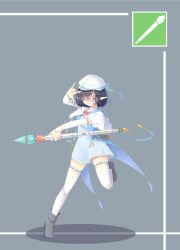 Rule 34 | 1girl, \m/, black hair, blue dress, blue eyes, bow, bowtie, capelet, detached sleeves, dress, flute, full body, grey background, grey footwear, hair over one eye, hat, hat bow, highres, holding, holding wand, holding weapon, instrument, kearful, original, pointy ears, pouch, red bow, red bowtie, sailor collar, semi-rimless eyewear, short dress, short hair, simple background, thighhighs, wand, weapon, white capelet, white thighhighs, zettai ryouiki