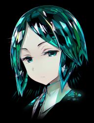 Rule 34 | 1other, absurdres, androgynous, black background, black neckwear, closed mouth, collared shirt, greatmosu, green eyes, green hair, highres, houseki no kuni, jacket, looking at viewer, necktie, parted bangs, phosphophyllite, portrait, shirt, short hair, simple background, wing collar