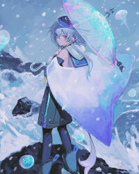 Rule 34 | 1boy, absurdres, arknights, beret, blue hair, blue theme, boots, cape, closed mouth, clothing cutout, detached sleeves, hat, highres, holding, holding umbrella, hood, hooded cape, infection monitor (arknights), jellyfish, light blue hair, looking at viewer, looking back, male focus, mizuki (arknights), multicolored cape, multicolored clothes, pantyhose, pantyhose under shorts, pink eyes, short hair with long locks, shorts, solo, transparent, transparent umbrella, trap, umbrella, yomotobi